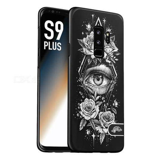 CUSTOMIZZA - Custodia cover nera morbida in tpu compatibile per Samsung S9 PLUS occhio fiori rombo geometrico black and white bianco a rilievo disegnato tattoo tatuaggio