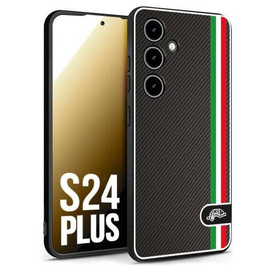 CUSTOMIZZA - Custodia cover nera morbida in tpu compatibile per Samsung S24 PLUS effetto fibra di carbonio bandiera Italia made in Italy