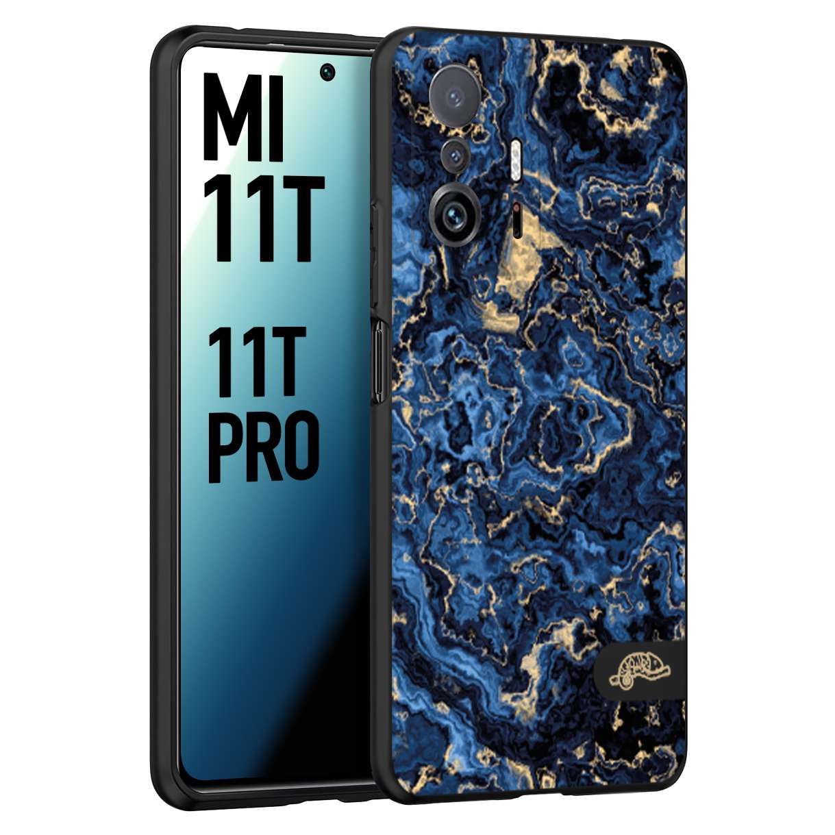 CUSTOMIZZA - Custodia cover nera morbida in tpu compatibile per Xiaomi Mi 11T - Mi 11T PRO effetto marmo marble blu venature dorato psichedelico