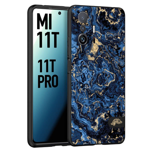 CUSTOMIZZA - Custodia cover nera morbida in tpu compatibile per Xiaomi Mi 11T - Mi 11T PRO effetto marmo marble blu venature dorato psichedelico