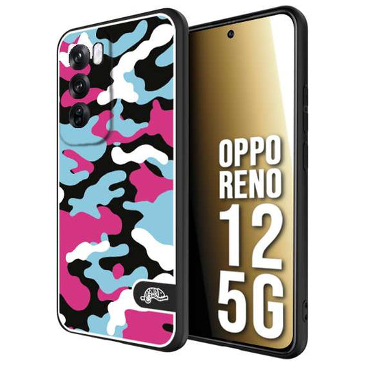 CUSTOMIZZA - Custodia cover nera morbida in tpu compatibile per Oppo Reno 12 5G camouflage mimetico militare fucsia celeste