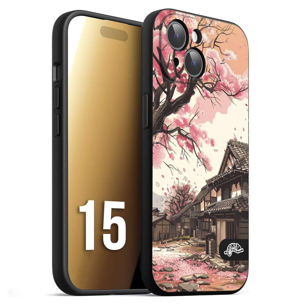 CUSTOMIZZA - Custodia cover nera morbida in tpu compatibile per iPhone 15 casa giapponese rosa ciliegio in fiore disegnata tattoo