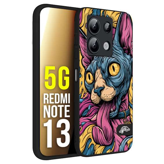 CUSTOMIZZA - Custodia cover nera morbida in tpu compatibile per Xiaomi Redmi Note 13 5G Sphynx Colorato Pop Art Psichedelico Gatto Blu Rosa Giallo Artistica Fantasy