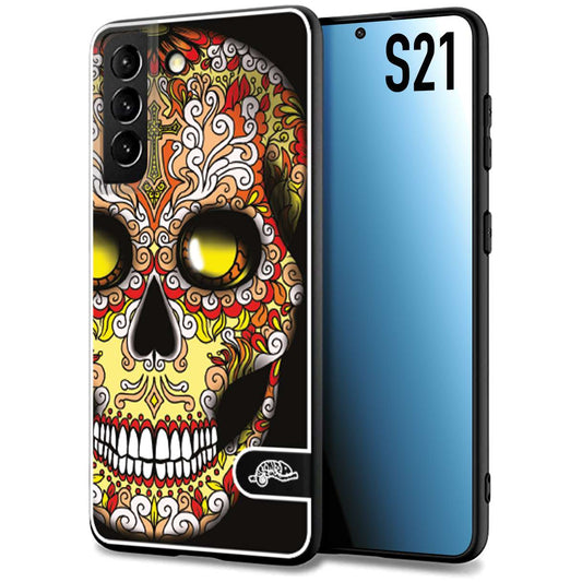 CUSTOMIZZA - Custodia cover nera morbida in tpu compatibile per Samsung S21 teschio messicano Mexican skull giallo rosso arancio