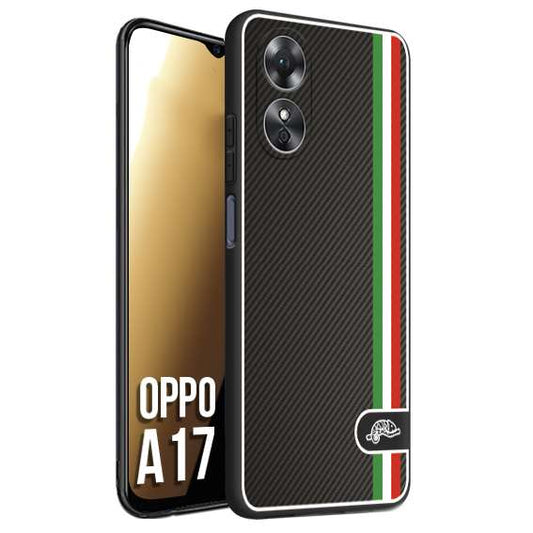 CUSTOMIZZA - Custodia cover nera morbida in tpu compatibile per Oppo A17 effetto fibra di carbonio bandiera Italia made in Italy