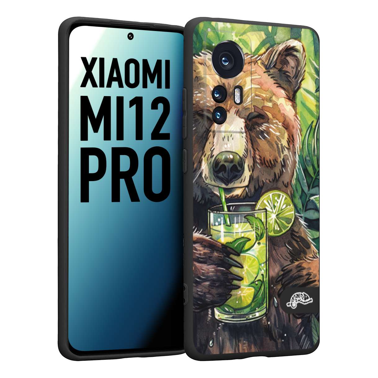 CUSTOMIZZA - Custodia cover nera morbida in tpu compatibile per Xiaomi 12 PRO estate disegnata cocktails animali simpatici orso bear negroni