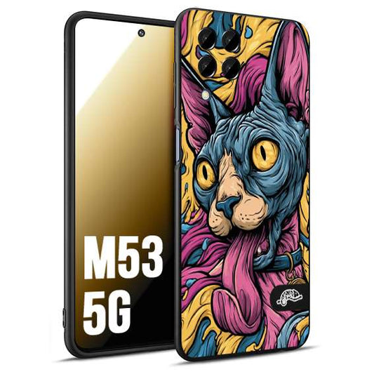 CUSTOMIZZA - Custodia cover nera morbida in tpu compatibile per Samsung M53 5G Sphynx Colorato Pop Art Psichedelico Gatto Blu Rosa Giallo Artistica Fantasy