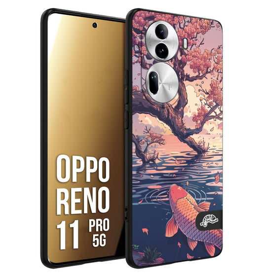 CUSTOMIZZA - Custodia cover nera morbida in tpu compatibile per Oppo Reno 11 PRO 5G giapponese lago carpa koi rosa con foglie d'acero disegnata tattoo