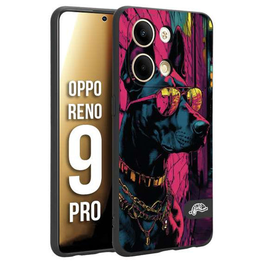CUSTOMIZZA - Custodia cover nera morbida in tpu compatibile per Oppo Reno 9 PRO animali cyberpunk dobermann cane street dog fucsia blu