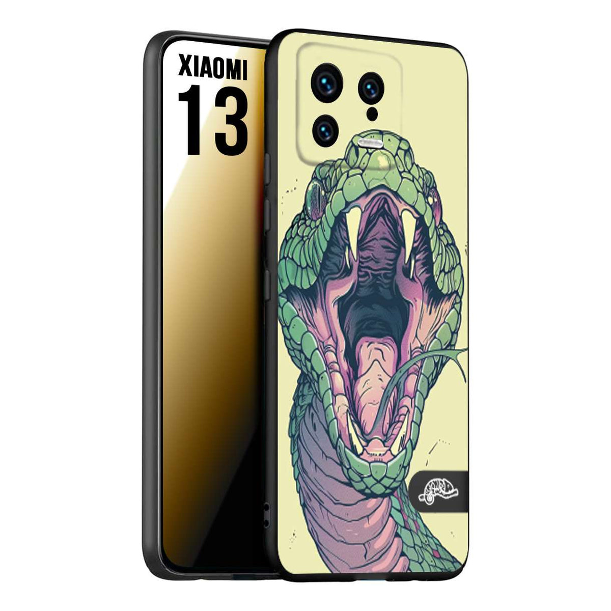 CUSTOMIZZA - Custodia cover nera morbida in tpu compatibile per Xiaomi 13 snake yellow green serpente tatuaggio tattoo disegnato a mano