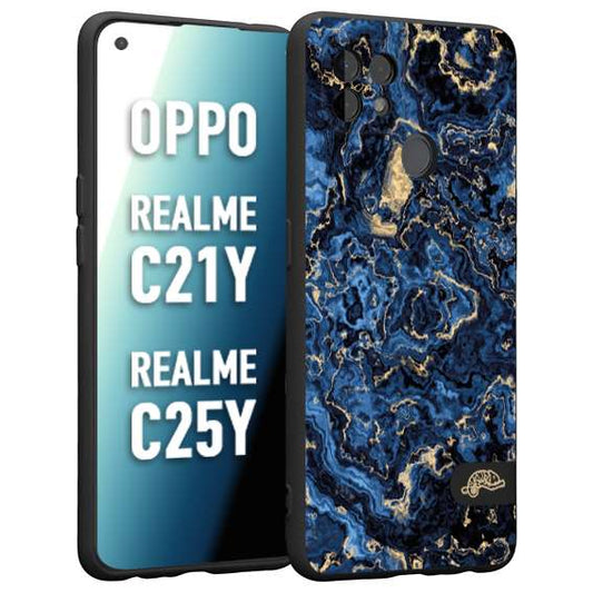 CUSTOMIZZA - Custodia cover nera morbida in tpu compatibile per Oppo Realme C21Y - C25Y effetto marmo marble blu venature dorato psichedelico