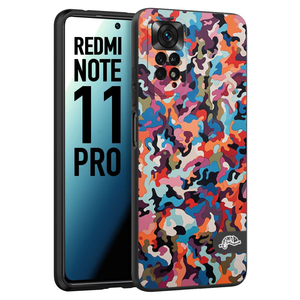 CUSTOMIZZA - Custodia cover nera morbida in tpu compatibile per Xiaomi Redmi Note 11 PRO camouflage mimetico militare moderno blu arancio rosa