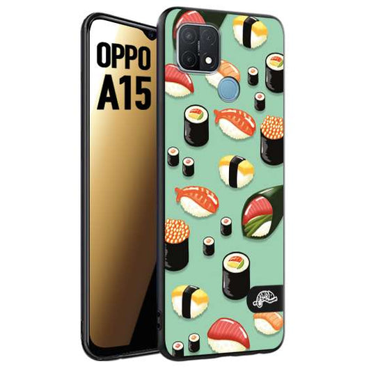 CUSTOMIZZA - Custodia cover nera morbida in tpu compatibile per Oppo A15 sushi disegni giapponese nighiri acquamarina verde