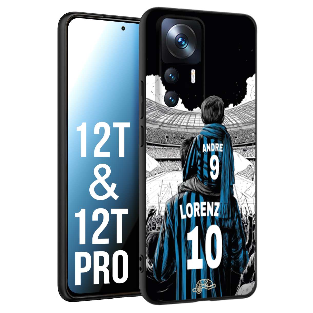 CUSTOMIZZA - Custodia cover nera morbida in tpu compatibile per Xiaomi 12T - 12T PRO personalizzata calcio football padre e figlio calciatori nerazzurra