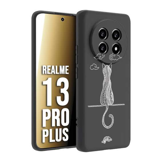 CUSTOMIZZA - Custodia cover nera morbida in tpu compatibile per Realme 13 PRO PLUS gatto mandala stilizzato gattino a rilievo soft touch donna bianca