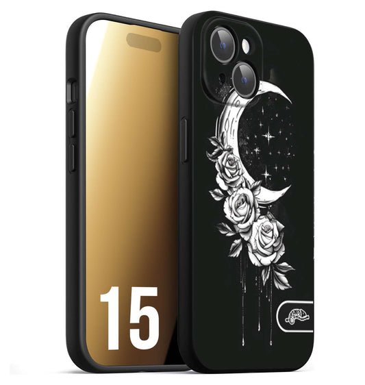 CUSTOMIZZA - Custodia cover nera morbida in tpu compatibile per iPhone 15 luna e fiori moon flowers black and white bianco a rilievo disegnato tattoo tatuaggio