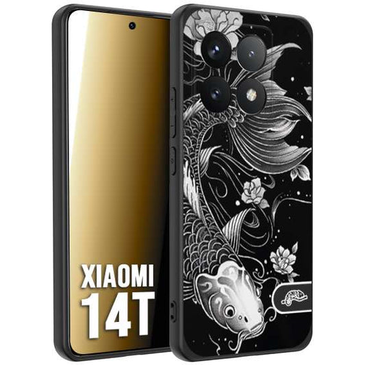 CUSTOMIZZA - Custodia cover nera morbida in tpu compatibile per Xiaomi 14T carpa koi black and white bianco a rilievo disegnato tattoo tatuaggio