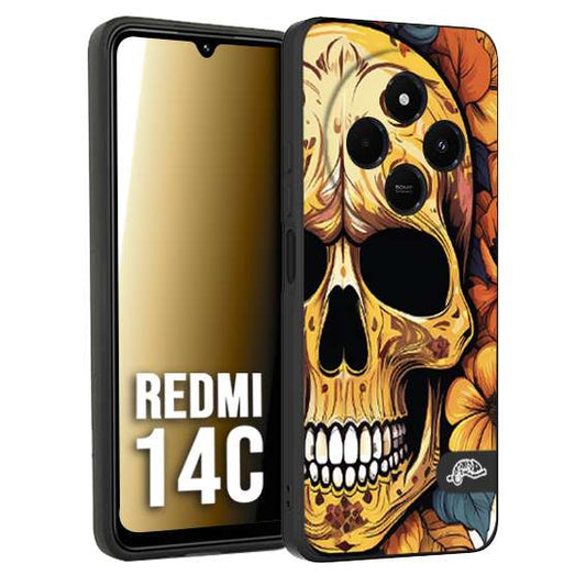 CUSTOMIZZA - Custodia cover nera morbida in tpu compatibile per Xiaomi Redmi 14C teschio messicano colorato dorato fiori autunnali disegnato
