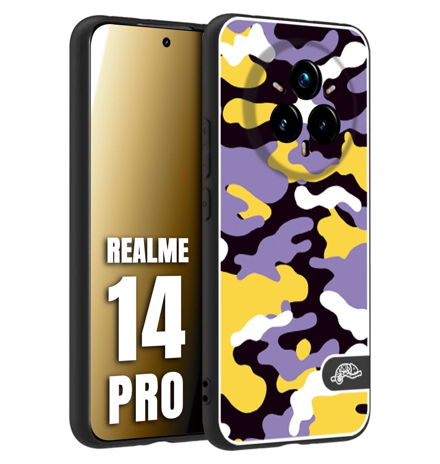 CUSTOMIZZA - Custodia cover nera morbida in tpu compatibile per Realme 14 PRO camouflage mimetico militare viola lilla giallo