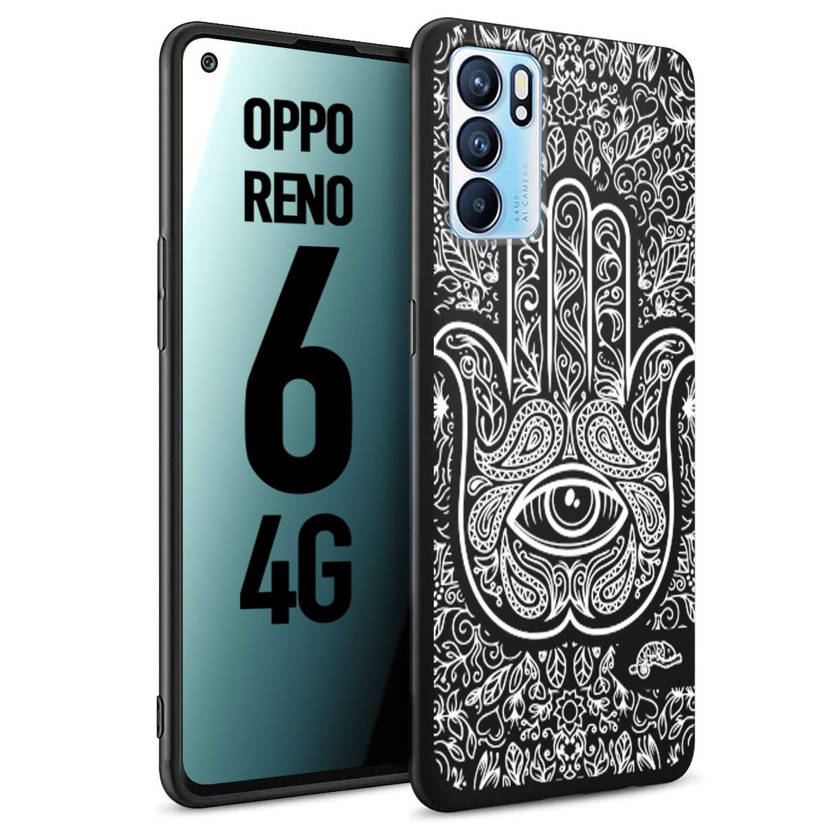 CUSTOMIZZA - Custodia cover nera morbida in tpu compatibile per Oppo Reno 6 4G mano di fatima effetto rilievo mandala donna