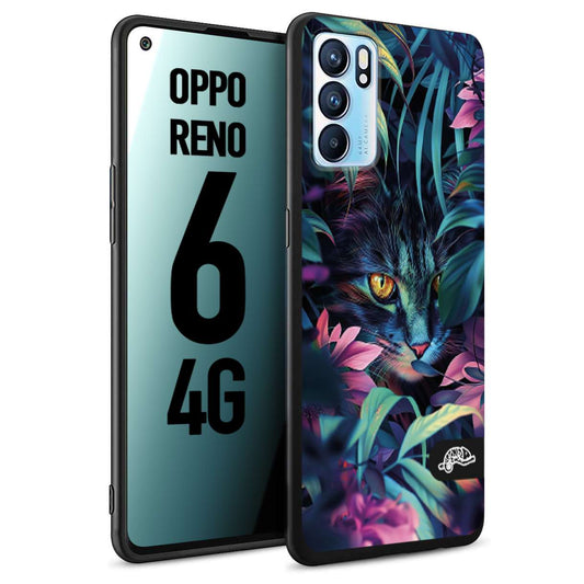CUSTOMIZZA - Custodia cover nera morbida in tpu compatibile per Oppo Reno 6 4G animali color giungla tropicale occhio di gatto colori vibranti disegnato