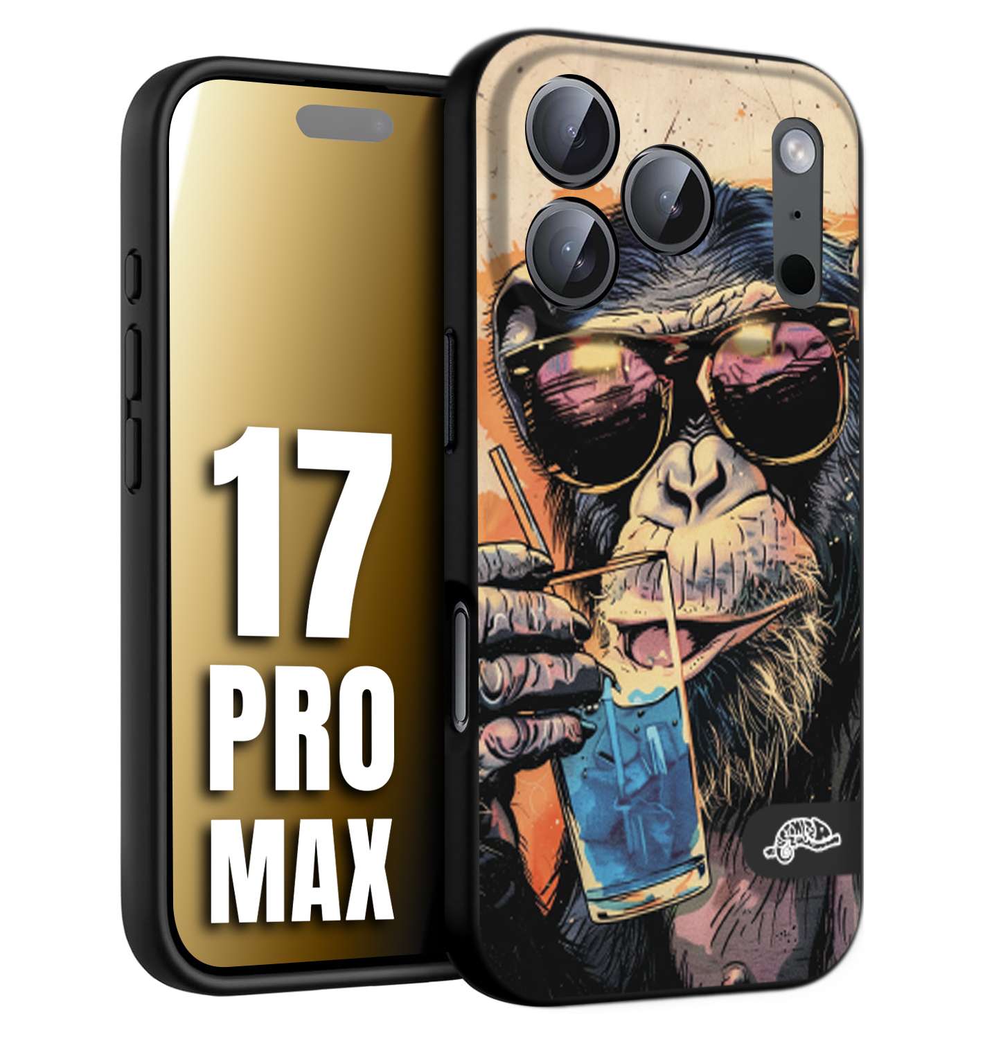 CUSTOMIZZA - Custodia cover nera morbida in tpu compatibile per iPhone 17 PRO MAX estate disegnata cocktails animali simpatici scimmia monkey negroni