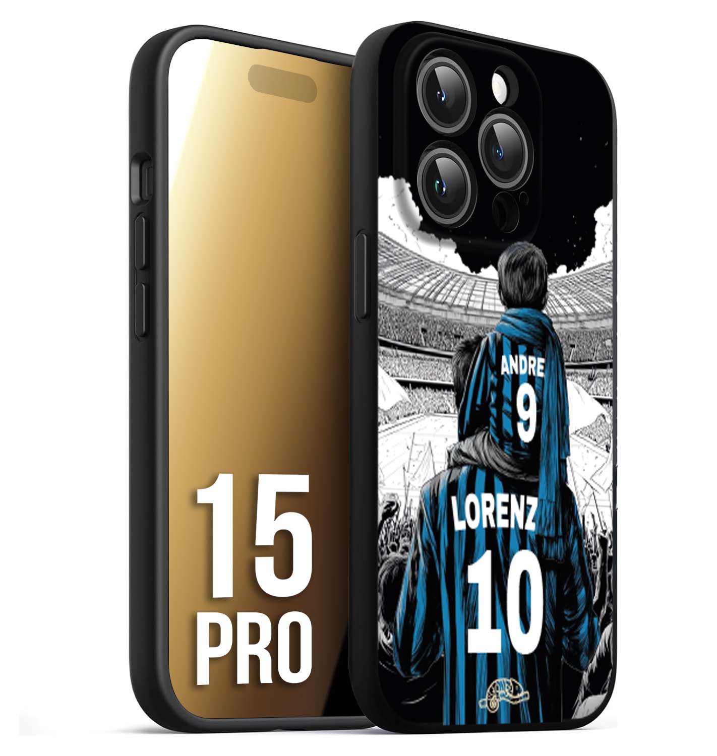 CUSTOMIZZA - Custodia cover nera morbida in tpu compatibile per iPhone 15 PRO personalizzata calcio football padre e figlio calciatori nerazzurra