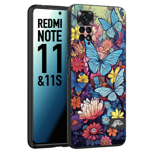 CUSTOMIZZA - Custodia cover nera morbida in tpu compatibile per Xiaomi Redmi Note 11 -  Note 11S farfalle butterfly moderno donna disegnate gialla blu rosa