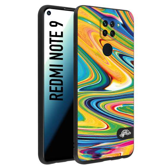 CUSTOMIZZA - Custodia cover nera morbida in tpu compatibile per Xiaomi Redmi Note 9 colorata fantasia vortice marmo arcobaleno gialla verde blu