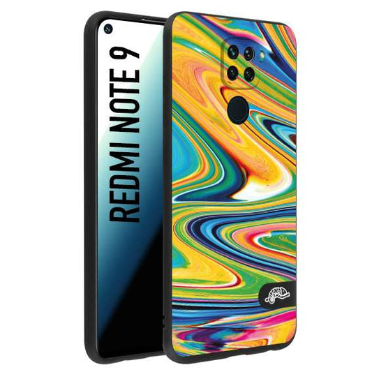 CUSTOMIZZA - Custodia cover nera morbida in tpu compatibile per Xiaomi Redmi Note 9 colorata fantasia vortice marmo arcobaleno gialla verde blu