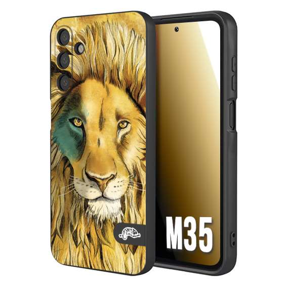 CUSTOMIZZA - Custodia cover nera morbida in tpu compatibile per Samsung M35 leone lion disegnato a mano giallo blu a rilievo artistico brown