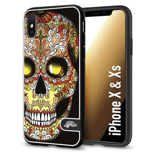 CUSTOMIZZA - Custodia cover nera morbida in tpu compatibile per iPhone X - Xs teschio messicano Mexican skull giallo rosso arancio