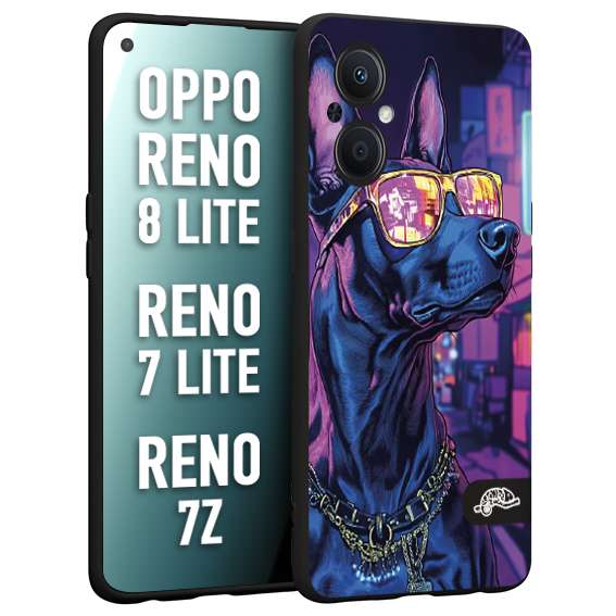 CUSTOMIZZA - Custodia cover nera morbida in tpu compatibile per Oppo Reno 7 Lite - 8 Lite - 7Z animali cyberpunk dobermann cane street dog fucsia blu night