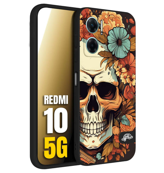 CUSTOMIZZA - Custodia cover nera morbida in tpu compatibile per Xiaomi Redmi 10 5G teschio skull flowers fiori autunnali arancio celeste tattoo