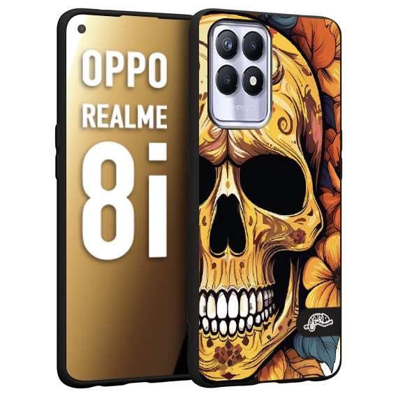 CUSTOMIZZA - Custodia cover nera morbida in tpu compatibile per Realme 8i teschio messicano colorato dorato fiori autunnali disegnato
