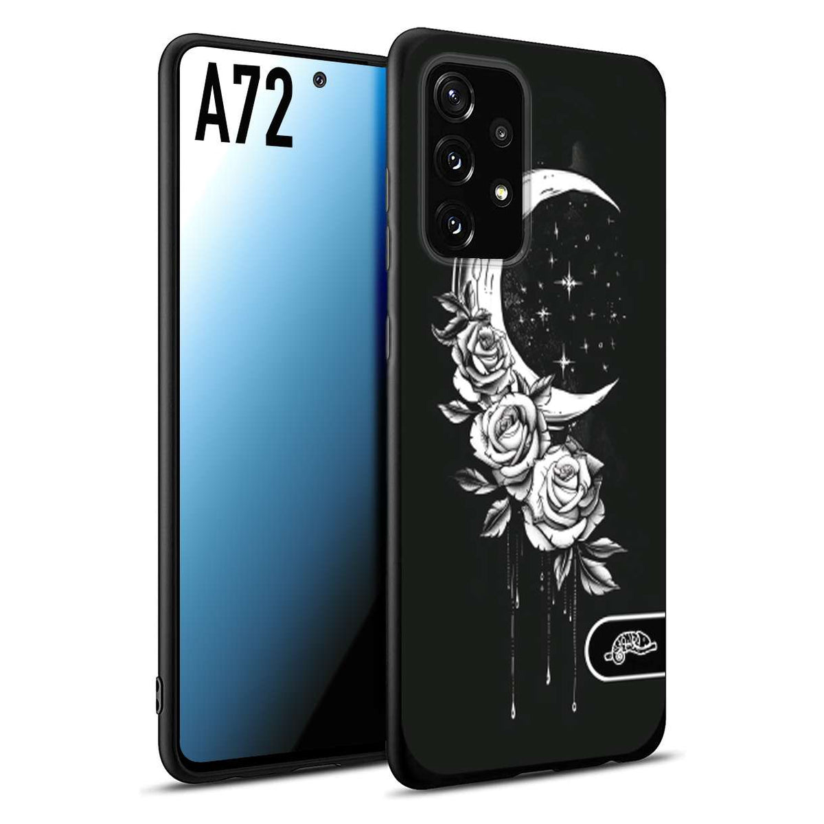 CUSTOMIZZA - Custodia cover nera morbida in tpu compatibile per Samsung A72 luna e fiori moon flowers black and white bianco a rilievo disegnato