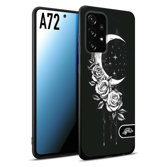 CUSTOMIZZA - Custodia cover nera morbida in tpu compatibile per Samsung A72 luna e fiori moon flowers black and white bianco a rilievo disegnato