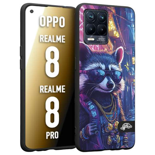 CUSTOMIZZA - Custodia cover nera morbida in tpu compatibile per Realme 8 - 8 PRO animali simpatici cyberpunk procione racoon street cat fucsia blu giallo
