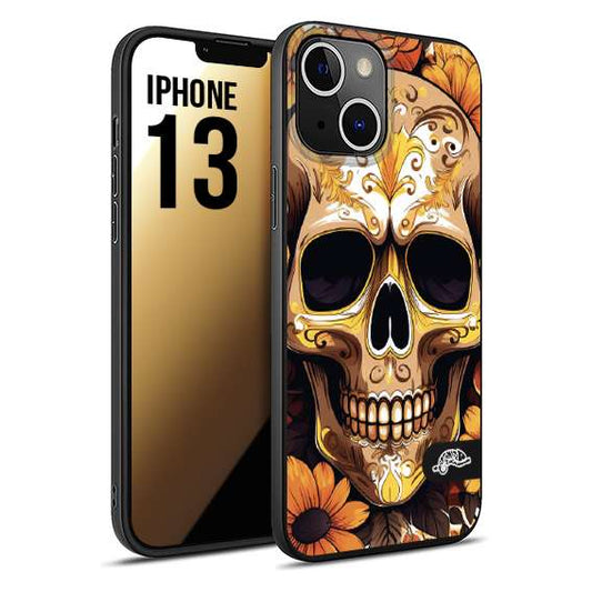 CUSTOMIZZA - Custodia cover nera morbida in tpu compatibile per iPhone 13 teschio messicano colorato dorato fiori tattoo disegnato