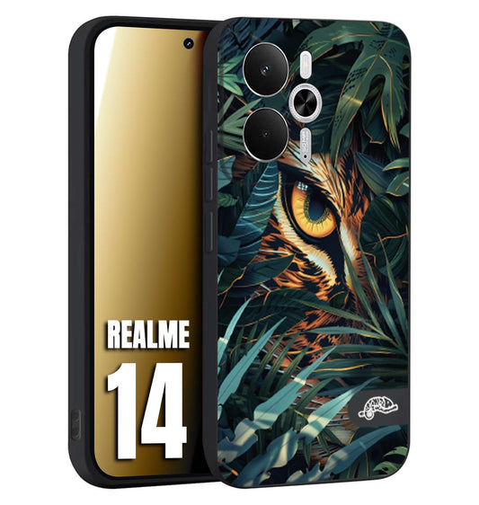 CUSTOMIZZA - Custodia cover nera morbida in tpu compatibile per Realme 14 5G animali color giungla tropicale occhio di giaguaro felino disegnato