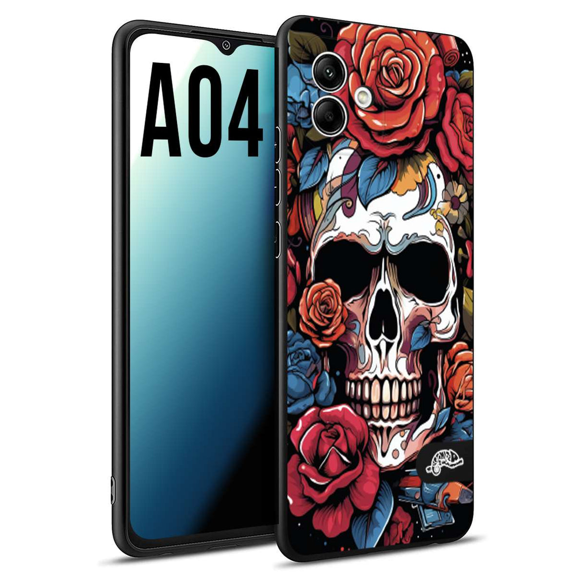 CUSTOMIZZA - Custodia cover nera morbida in tpu compatibile per Samsung A04 teschio skull flowers fiori rose rosse tattoo disegnato