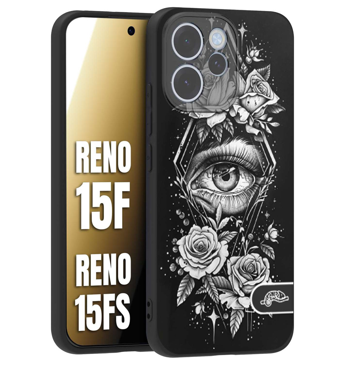 CUSTOMIZZA - Custodia cover nera morbida in tpu compatibile per Oppo Reno 15 F - Reno 15 FS occhio fiori rombo geometrico black and white bianco a rilievo disegnato tattoo tatuaggio
