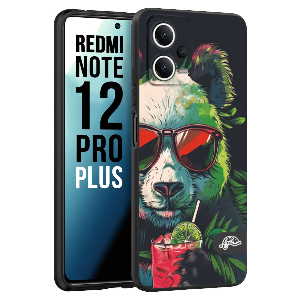 CUSTOMIZZA - Custodia cover nera morbida in tpu compatibile per Xiaomi Redmi Note 12 PRO PLUS estate disegnata cocktails animali simpatici panda mojito