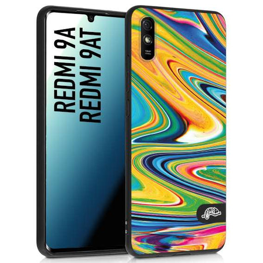 CUSTOMIZZA - Custodia cover nera morbida in tpu compatibile per Xiaomi Redmi 9A - 9AT colorata fantasia vortice marmo arcobaleno gialla verde blu