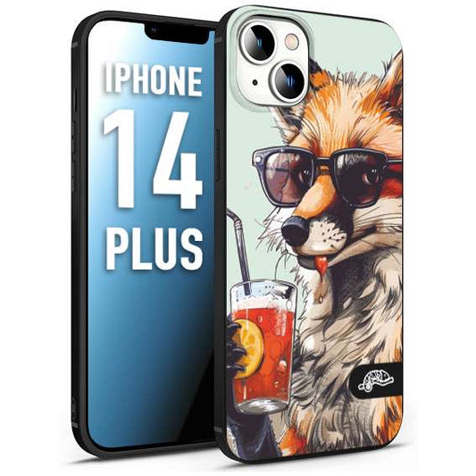 CUSTOMIZZA - Custodia cover nera morbida in tpu compatibile per iPhone 14 PLUS estate disegnata cocktails animali simpatici fox volpe negroni