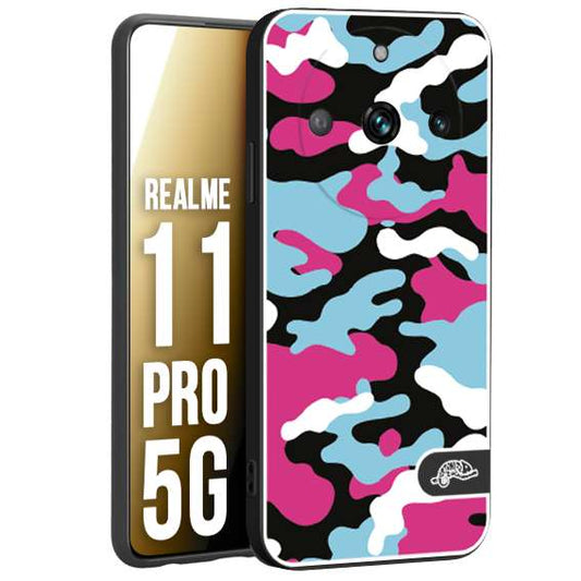 CUSTOMIZZA - Custodia cover nera morbida in tpu compatibile per Realme 11 PRO 5G camouflage mimetico militare fucsia celeste