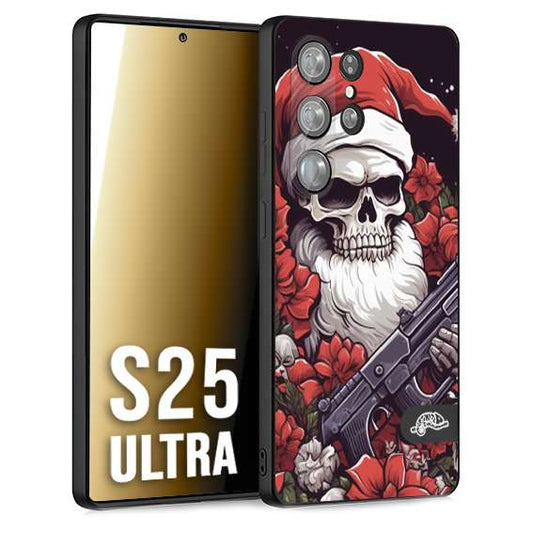 CUSTOMIZZA - Custodia cover nera morbida in tpu compatibile per Samsung S25 ULTRA teschio natale santa claus fiori tattoo disegnato