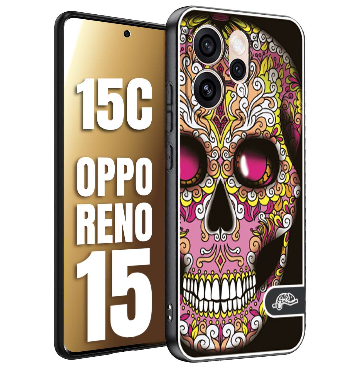 CUSTOMIZZA - Custodia cover nera morbida in tpu compatibile per Oppo Reno 15 - Reno 15Cteschio messicano Mexican skull rosa gialla