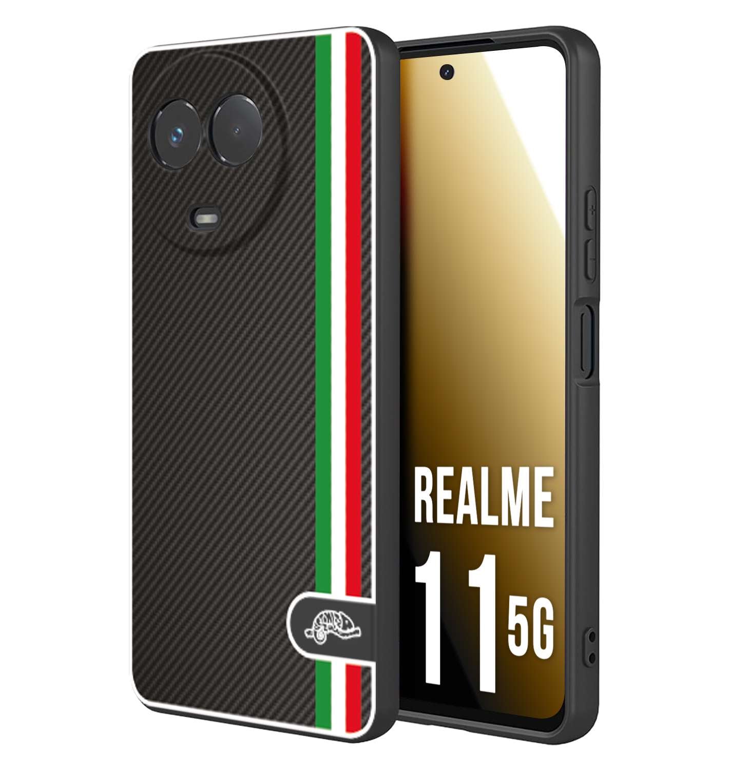 CUSTOMIZZA - Custodia cover nera morbida in tpu compatibile per Oppo Realme 11 5G effetto fibra di carbonio bandiera Italia made in Italy