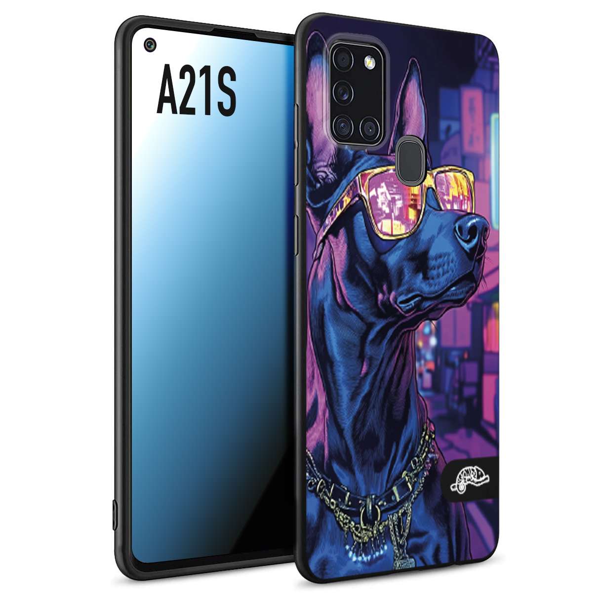 CUSTOMIZZA - Custodia cover nera morbida in tpu compatibile per Samsung A21S animali cyberpunk dobermann cane street dog fucsia blu night